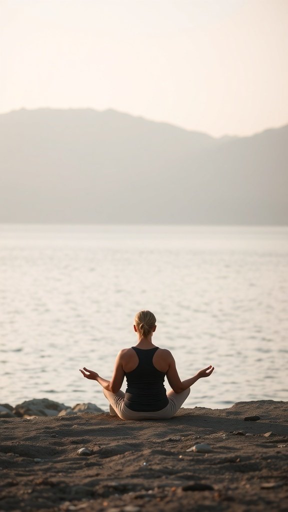 A person meditating by the water, symbolizing mental health in weight loss.