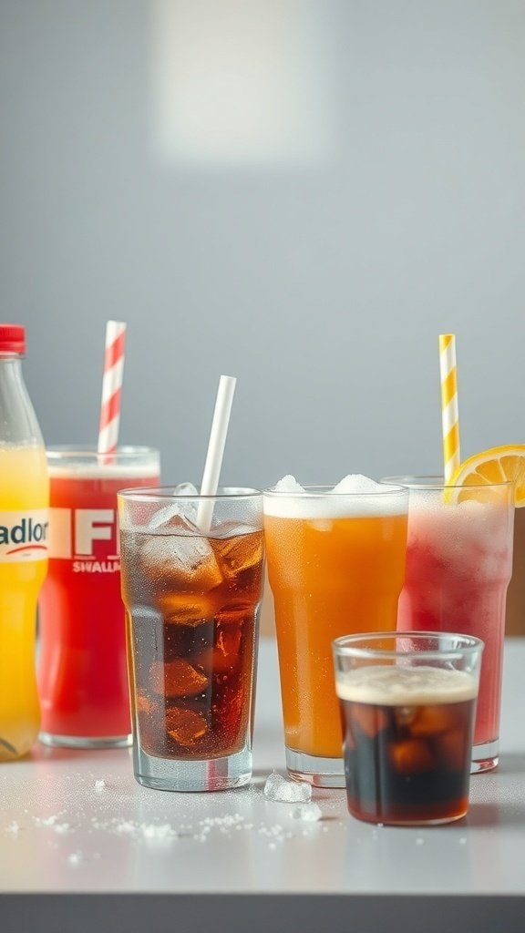 A variety of colorful beverages, including sodas and fruit juices, displayed on a table.