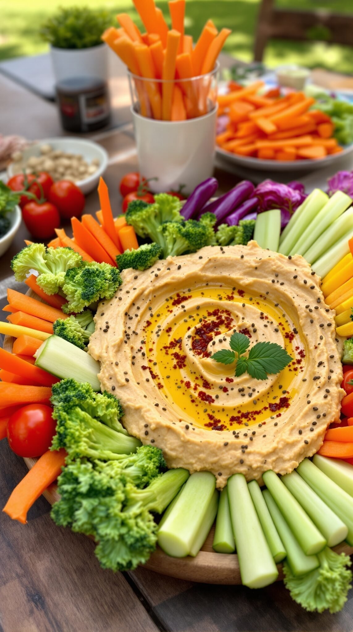 A colorful platter of hummus surrounded by fresh vegetable sticks including carrots, celery, and broccoli.