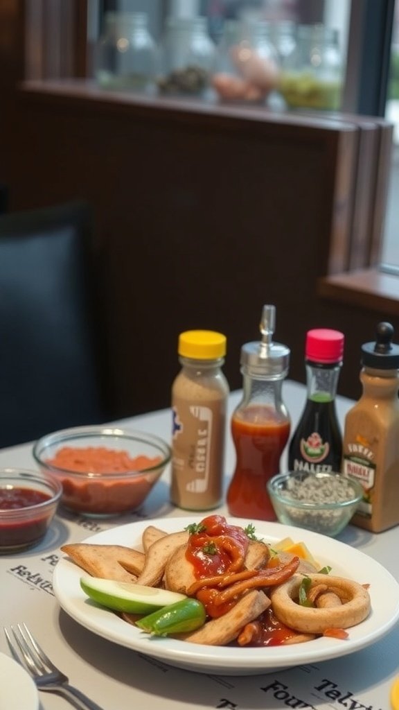 A plate of snacks topped with various condiments in a restaurant setting.