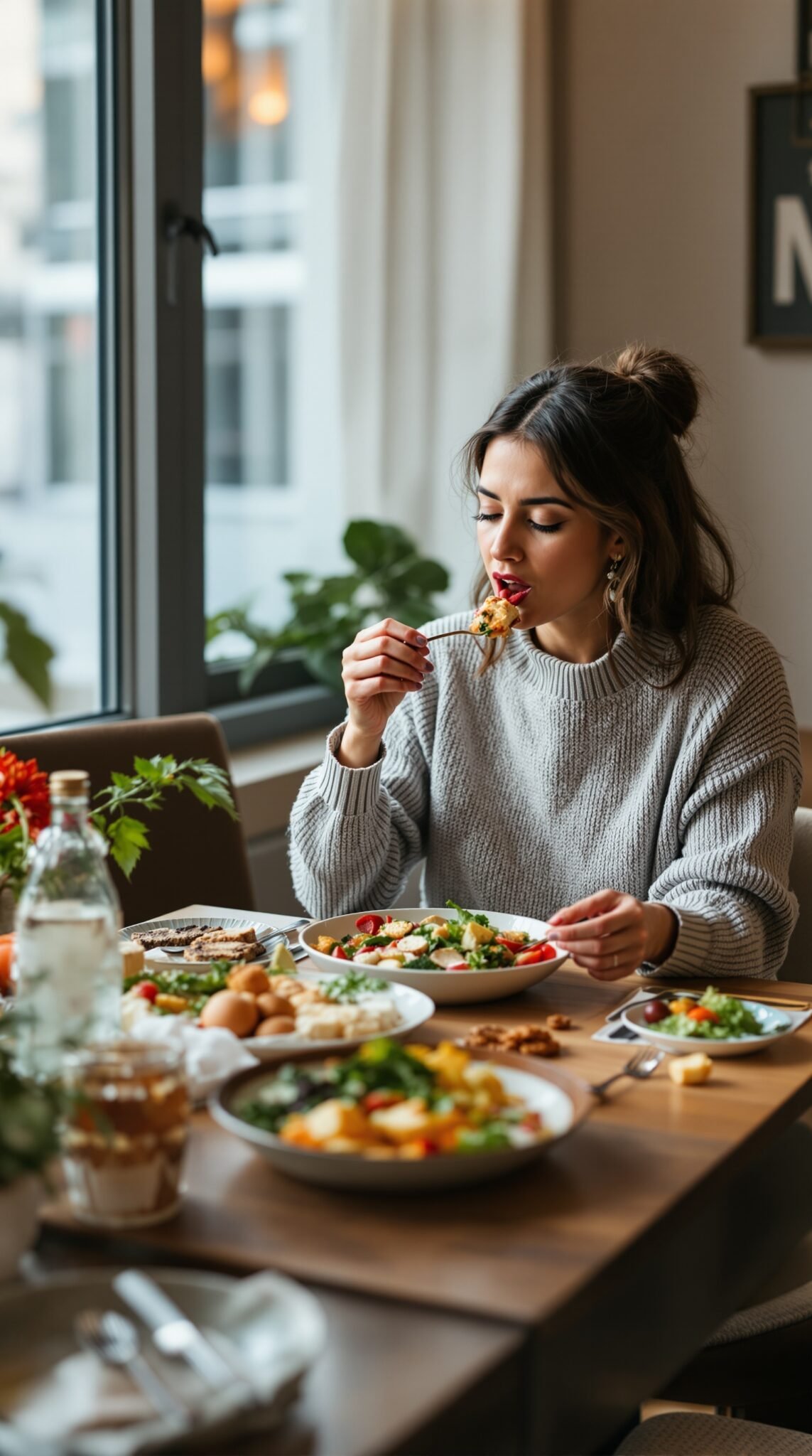 A woman practicing mindful eating at a table set with various healthy dishes.