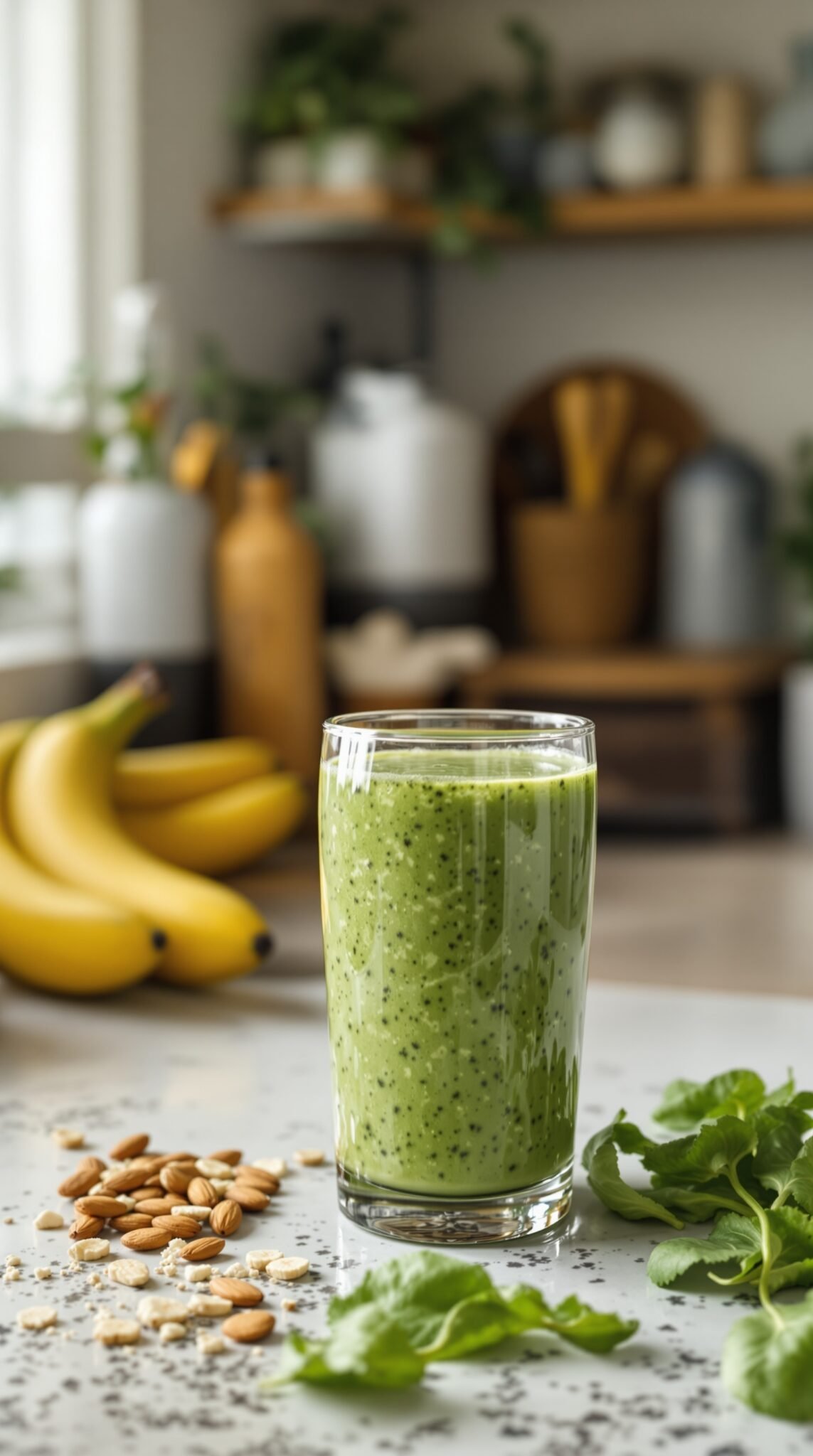 A refreshing green smoothie in a glass, surrounded by bananas, nuts, and leafy greens on a kitchen counter.
