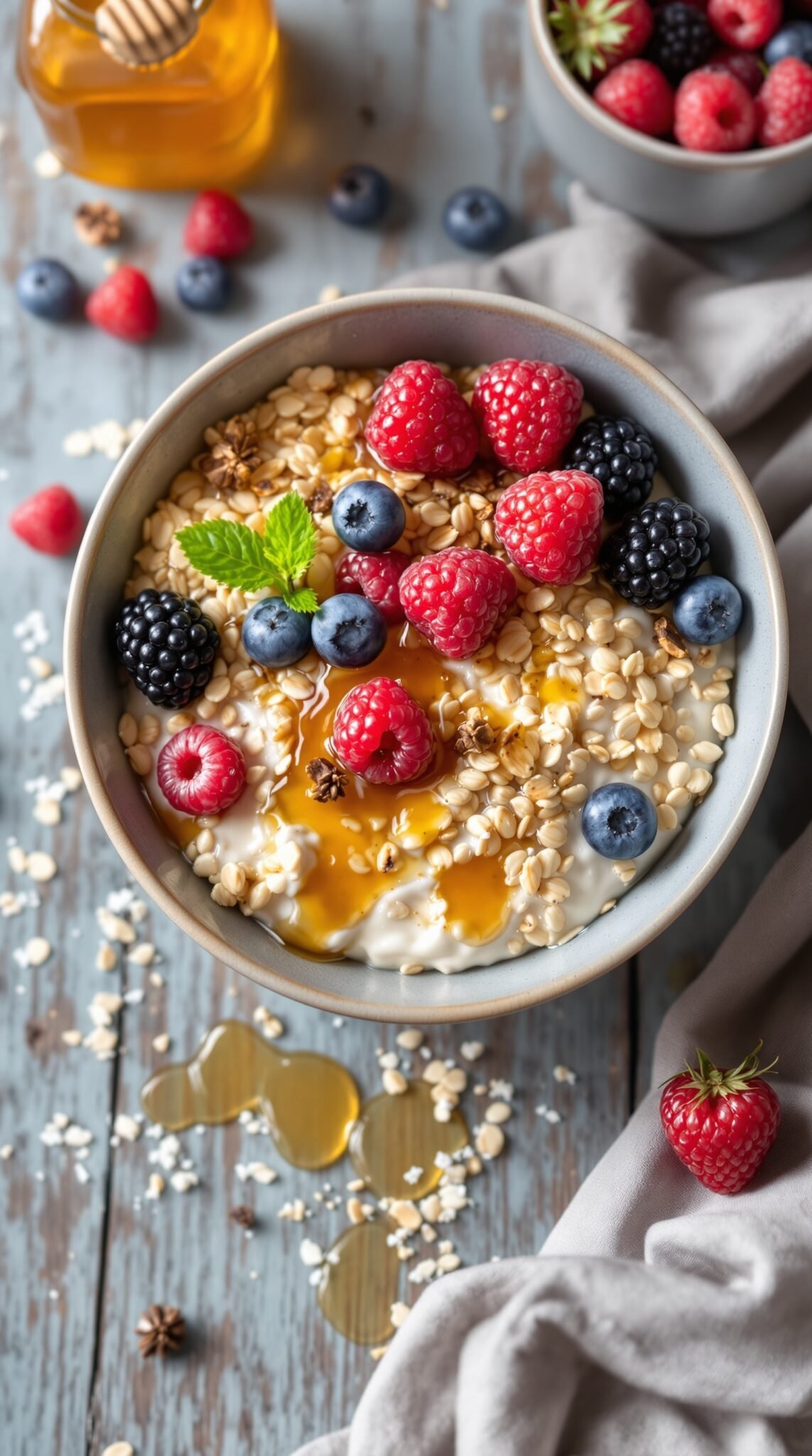 A bowl of high-fiber oats topped with fresh berries and honey, showcasing a healthy breakfast option.
