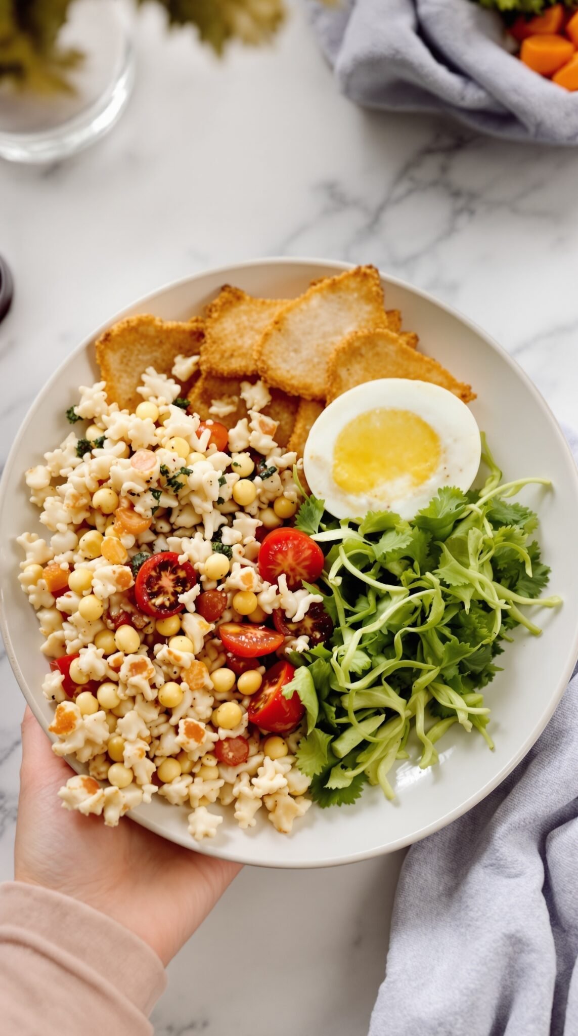 A hand holding a small plate filled with a healthy meal, including a salad, boiled egg, and crispy snacks.