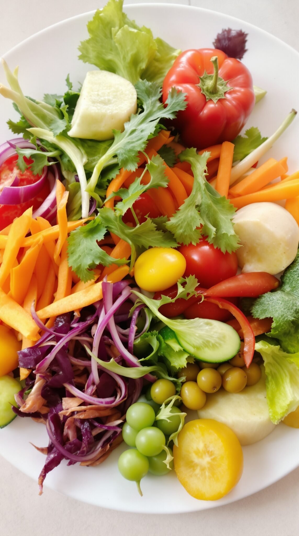 A colorful variety of fresh vegetables on a plate including carrots, tomatoes, cucumbers, and leafy greens.