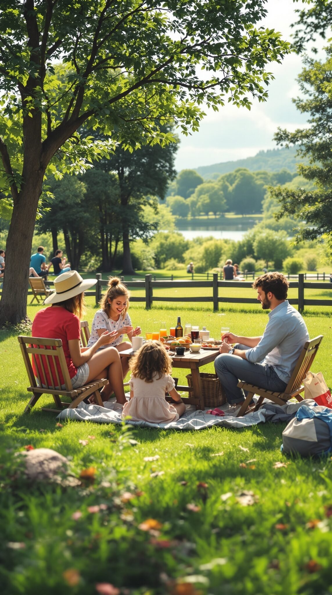 A family enjoying a picnic outdoors in a park