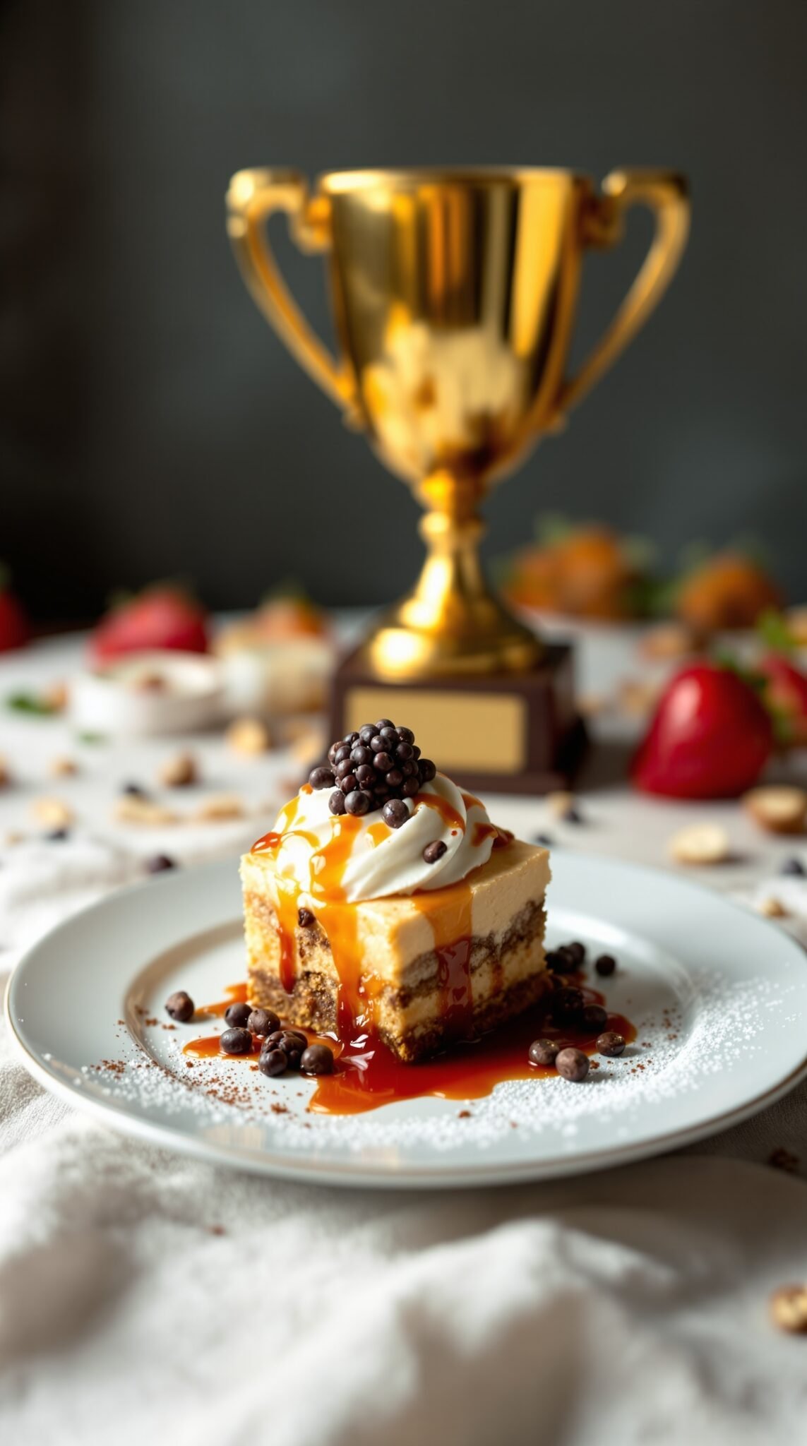 A delicious dessert on a plate with a golden trophy in the background, symbolizing the idea of using food as a reward.
