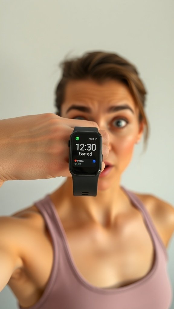 A woman looking surprised while checking her fitness watch that shows calories burned.