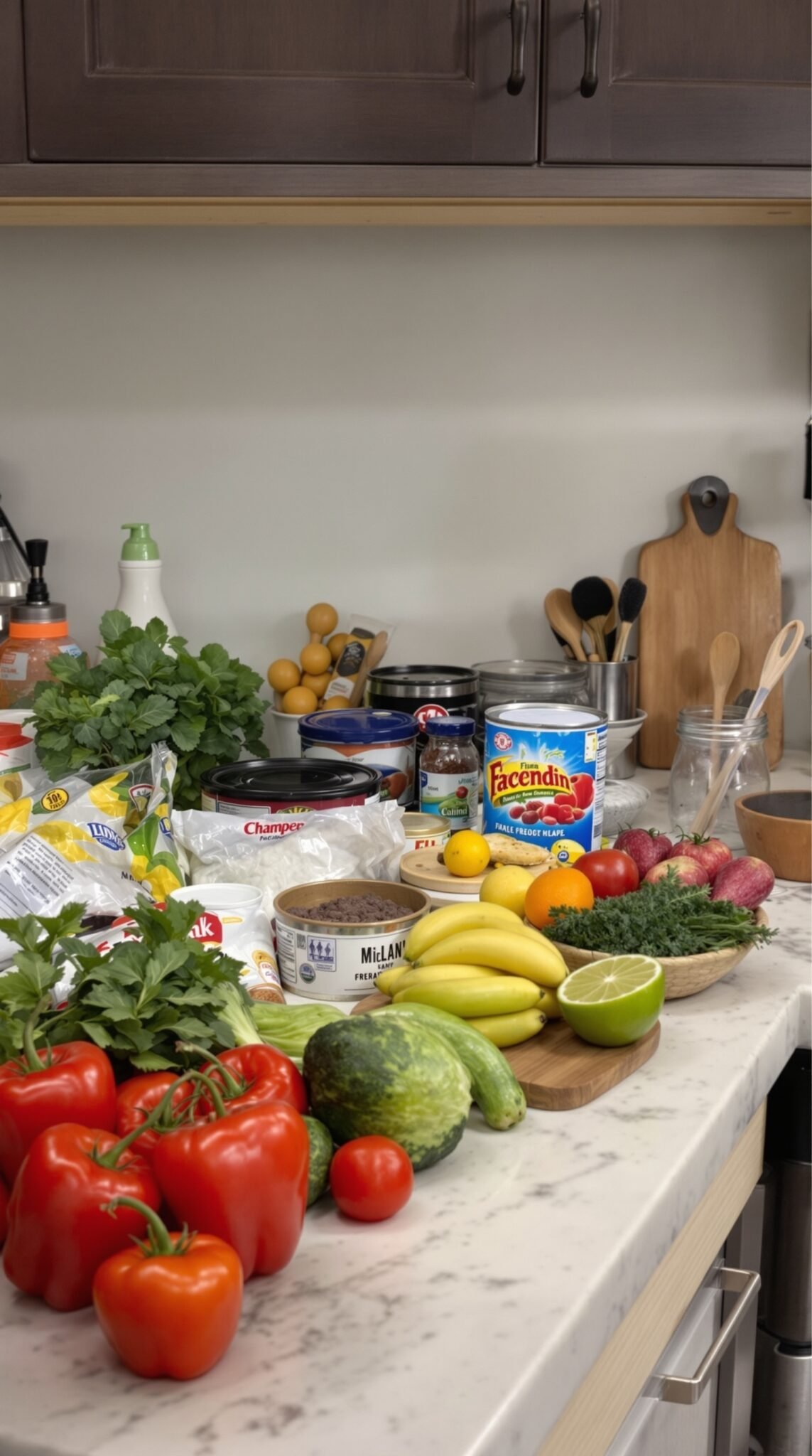 Fresh produce and ingredients on a kitchen countertop.