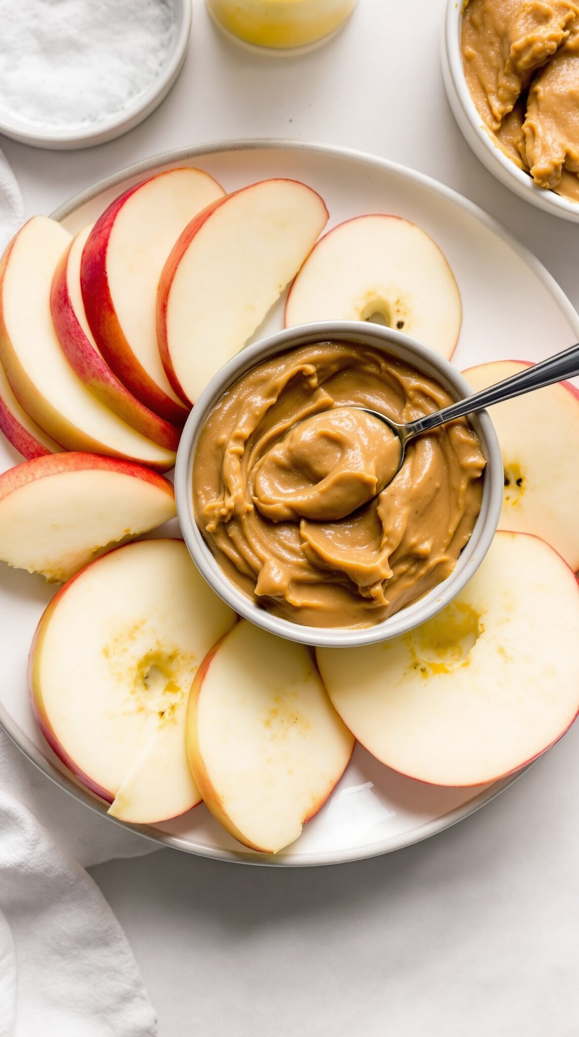 A plate of sliced red apples served with a bowl of smooth almond butter.