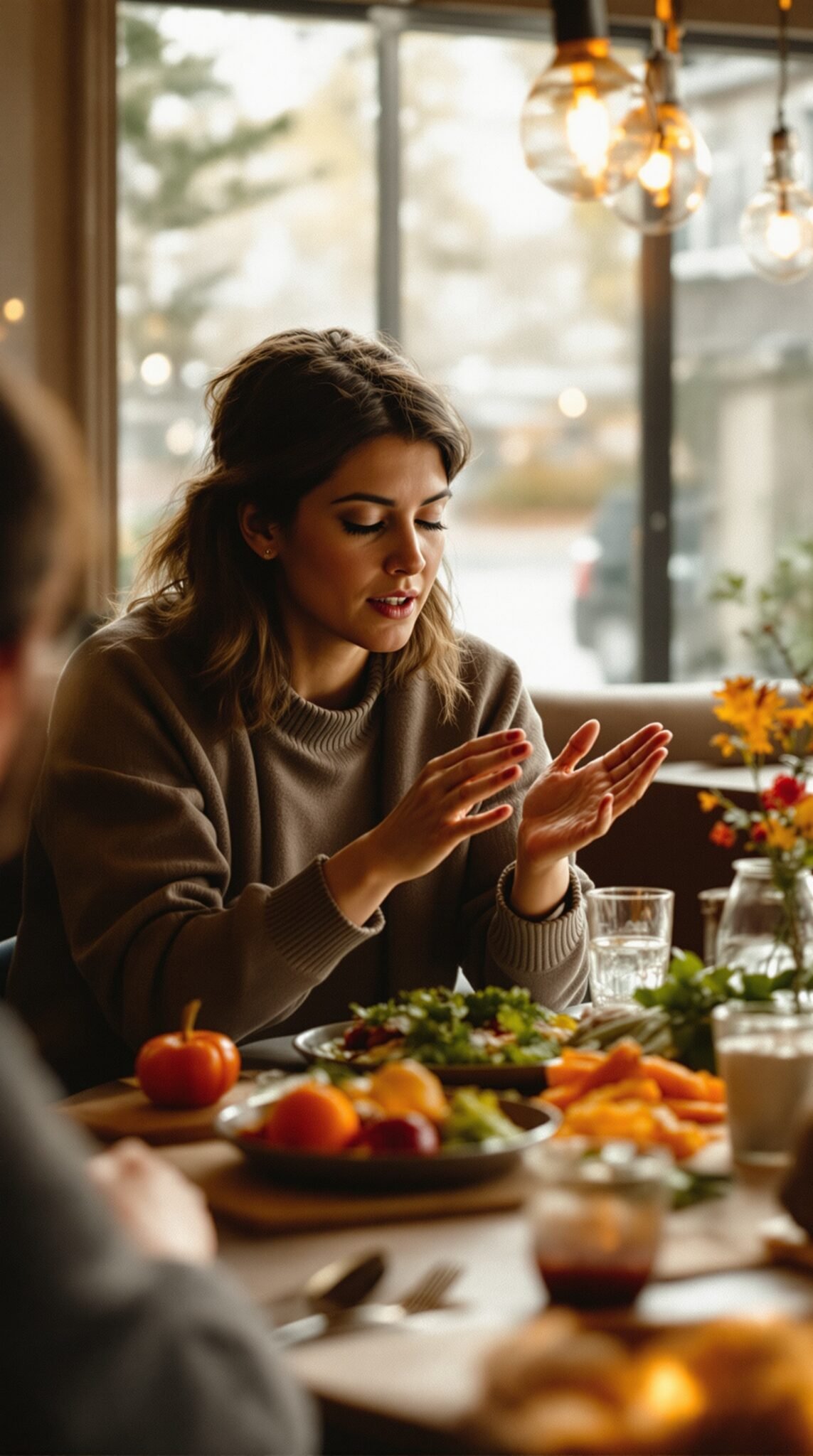 A woman thoughtfully appreciating her meal in a cozy dining setting, surrounded by healthy foods.