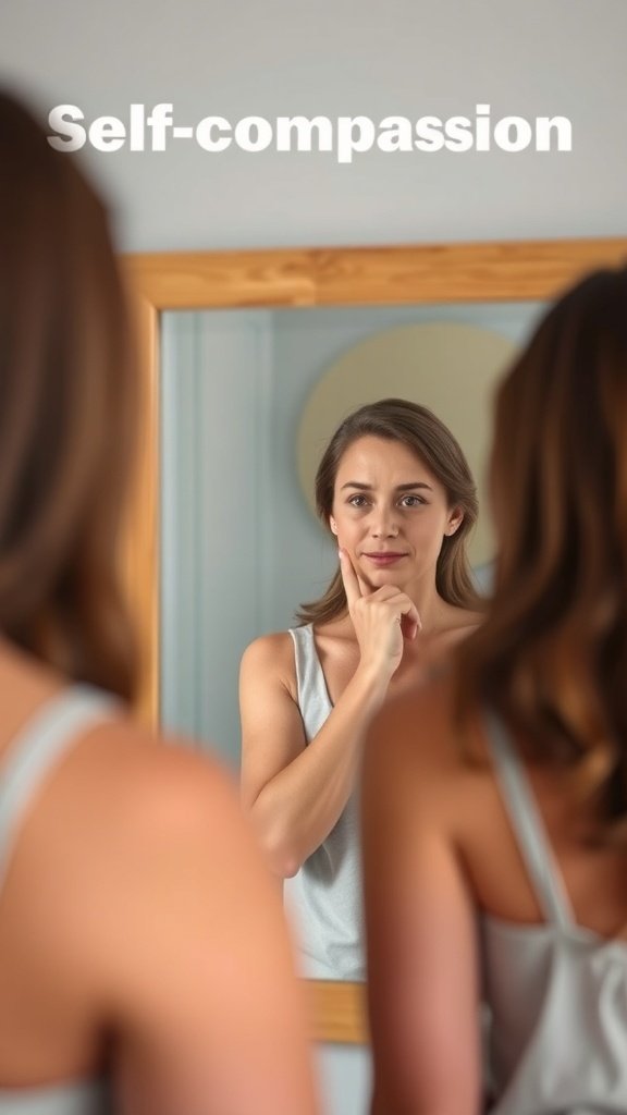 A woman reflecting in the mirror, representing self-compassion.