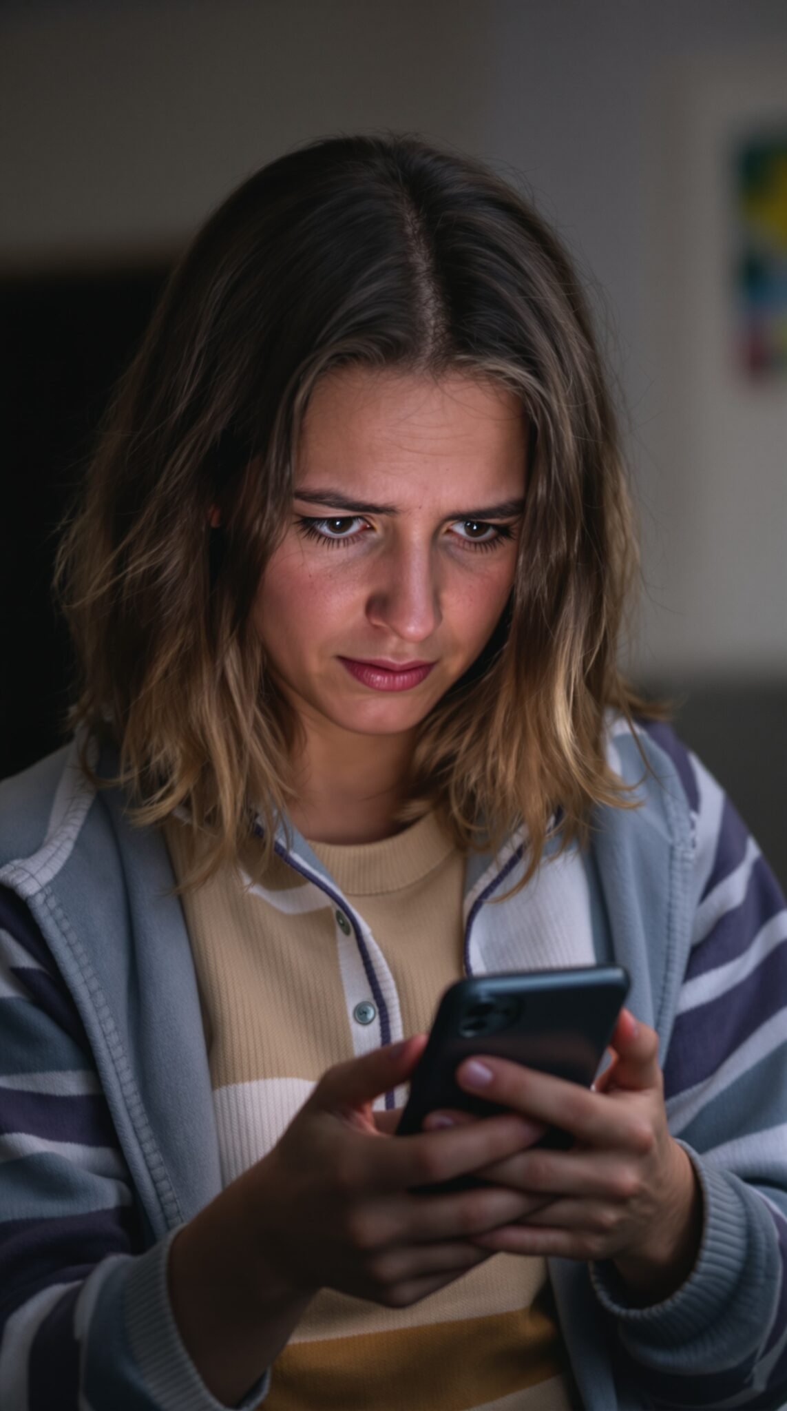 A woman looking intently at her phone, reflecting a moment of focus or concern.