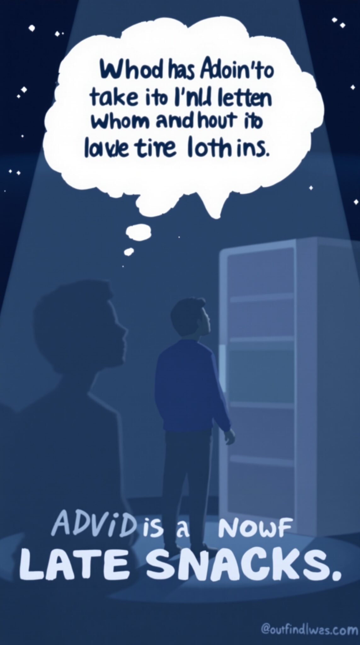 A person contemplating late-night snacks in front of a fridge.