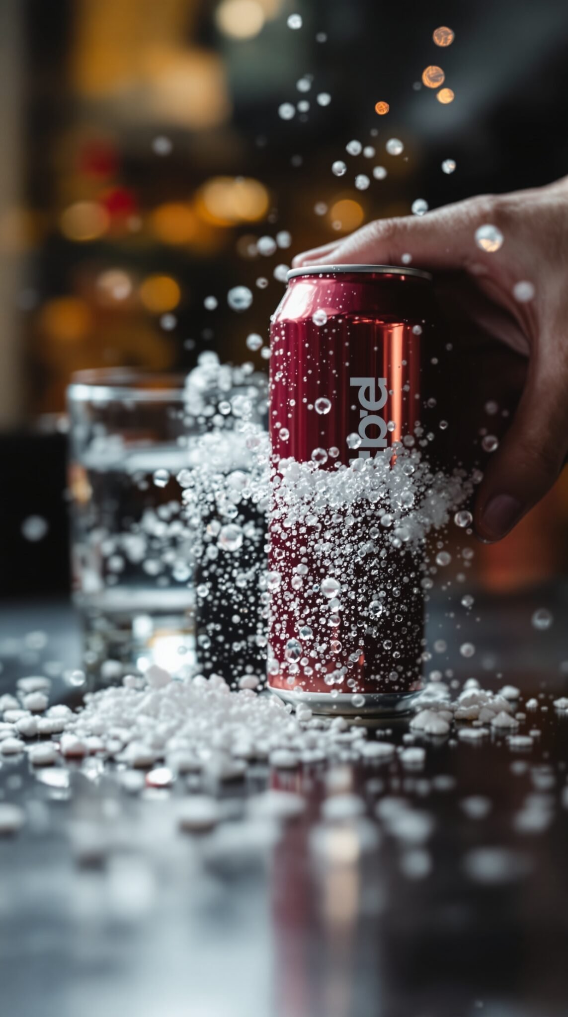 An overflowing can of soda with bubbles, emphasizing the excess of sugary beverages.