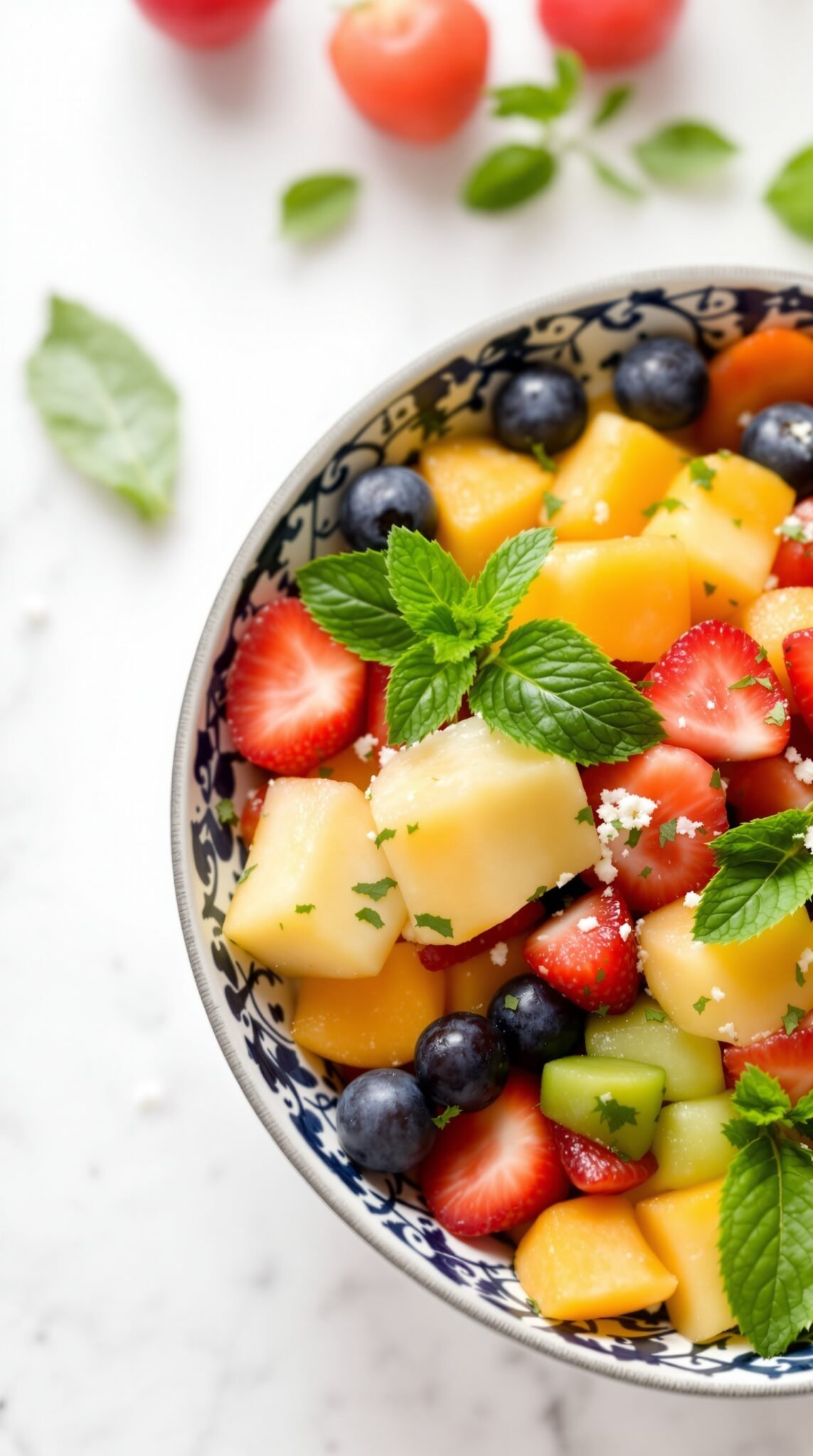 A vibrant bowl of fruit salad with strawberries, blueberries, cantaloupe, and mint leaves