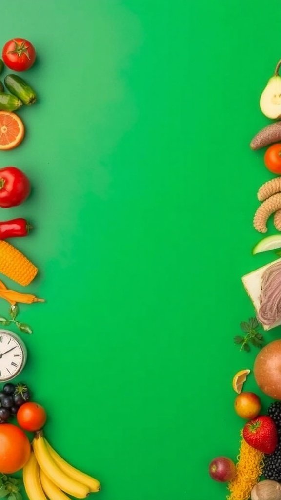 A colorful assortment of fruits, vegetables, and a clock on a green background, symbolizing healthy eating.