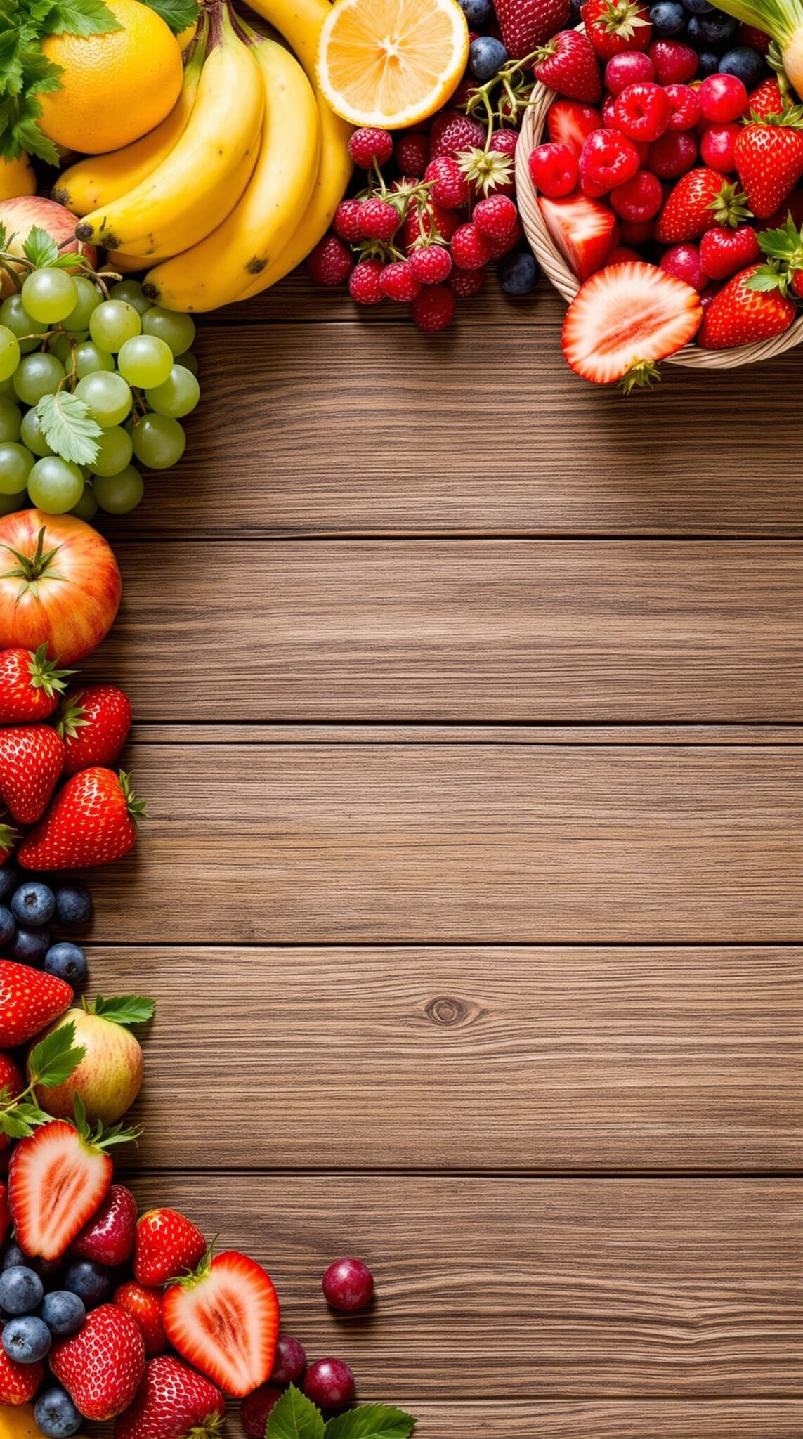 A colorful assortment of fresh fruits including bananas, strawberries, grapes, and raspberries on a wooden surface.