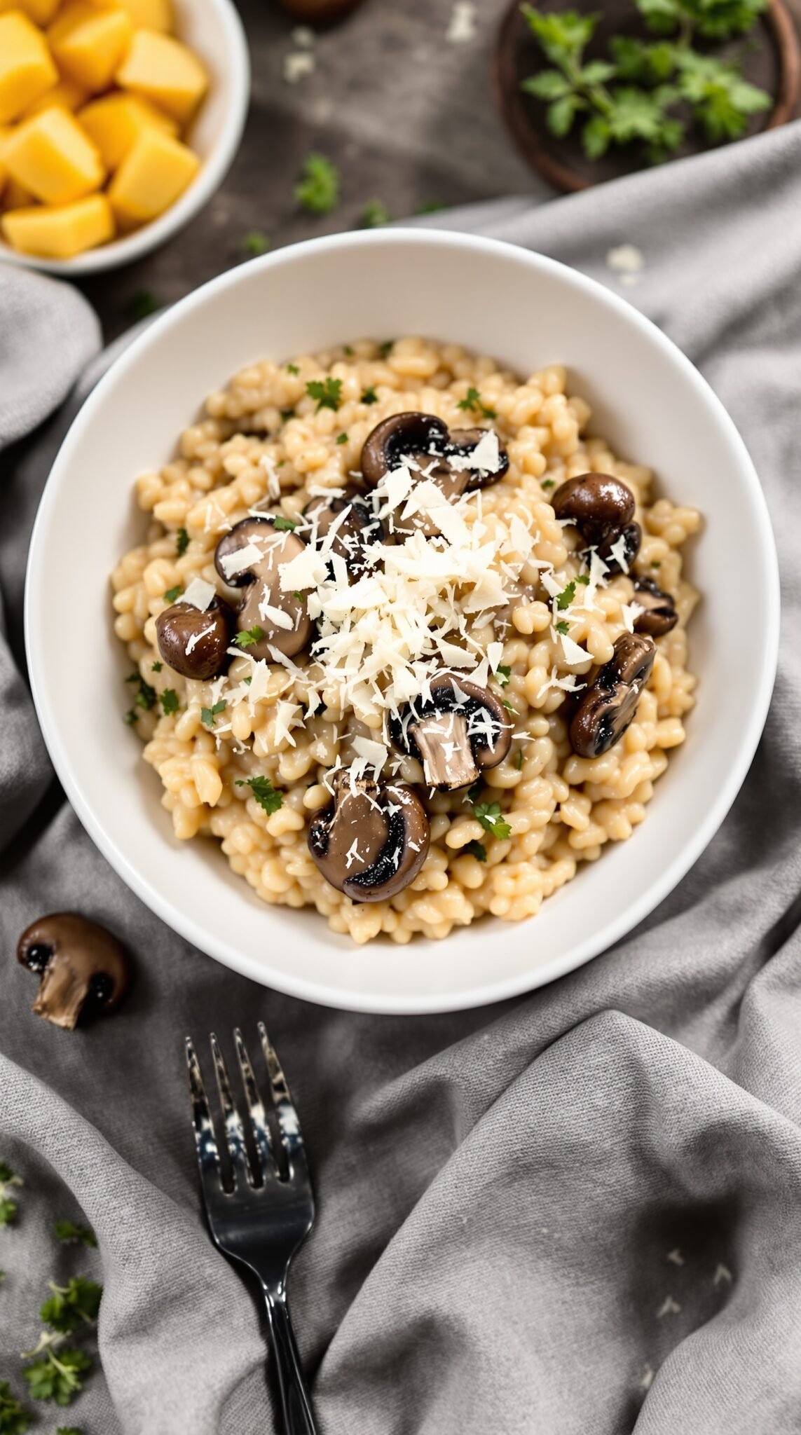 A bowl of creamy mushroom risotto topped with grated cheese and parsley, alongside a fork and fresh herbs.