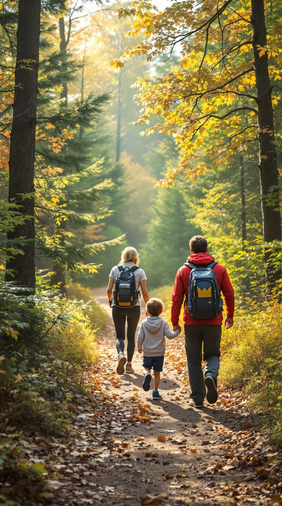 Family hiking through a colorful forest trail
