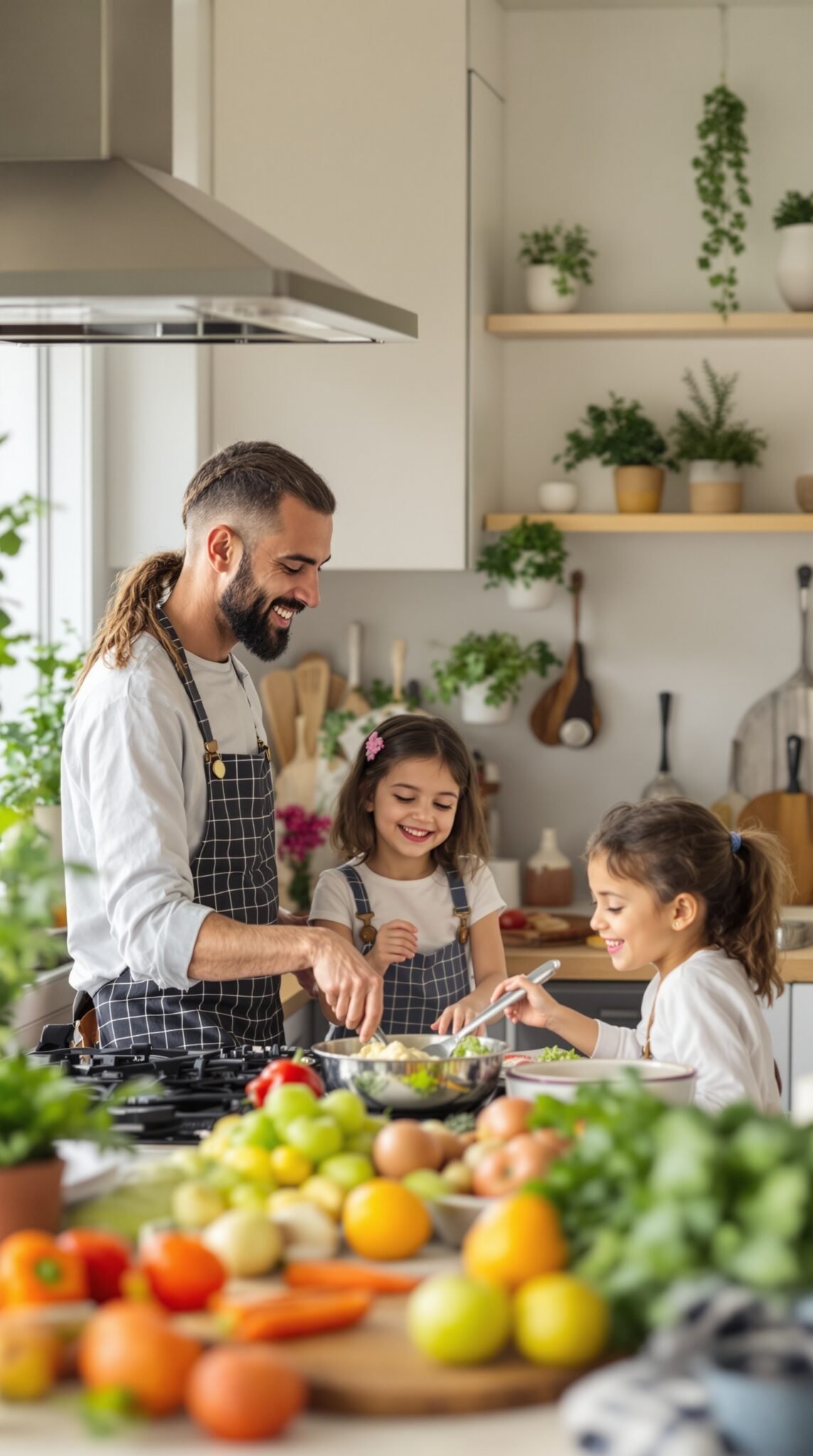 A father cooking in the kitchen with two children, surrounded by fresh vegetables and fruits