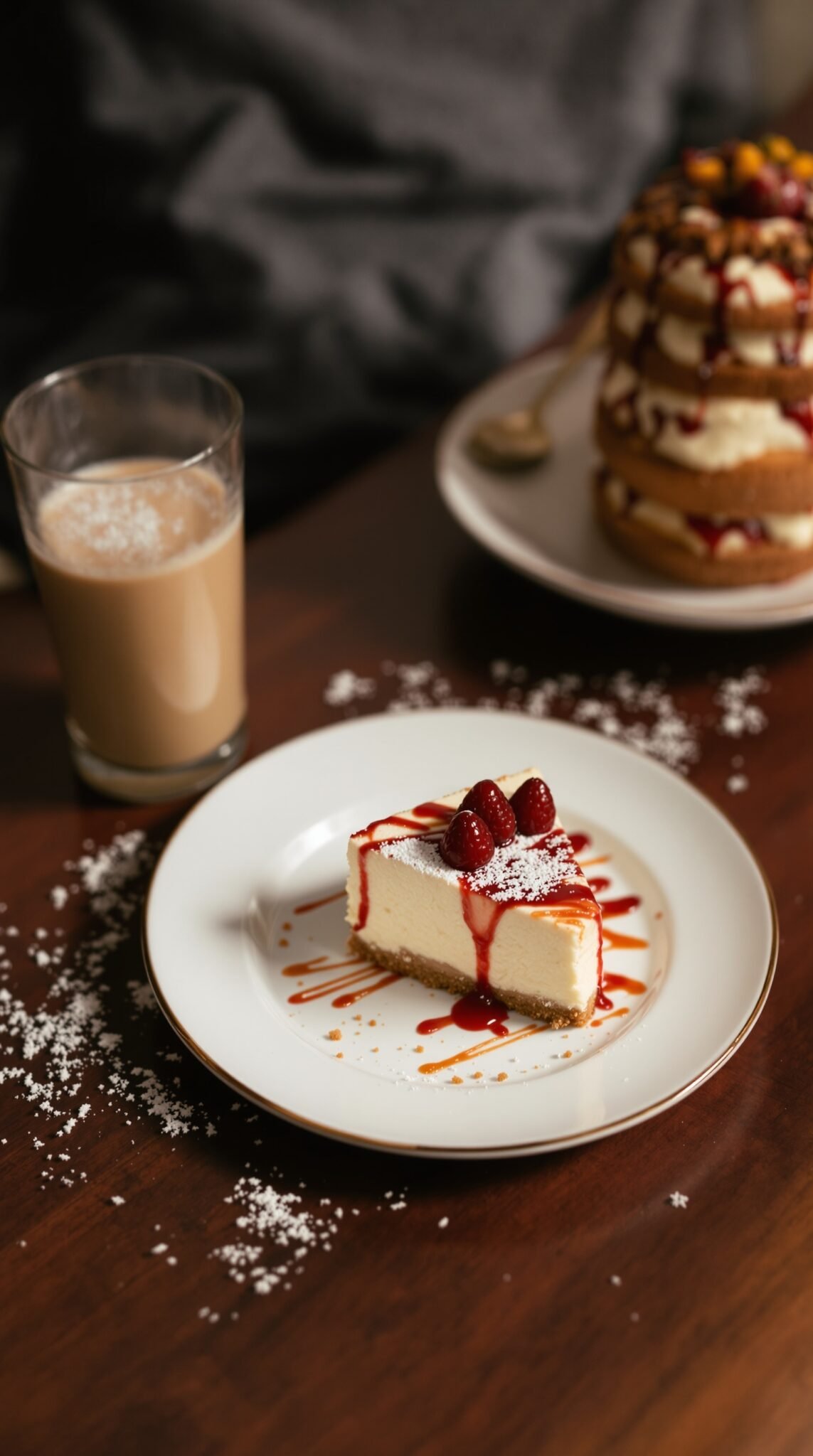 Delicious cheesecake slice with raspberry sauce and berries on a plate, beside a drink