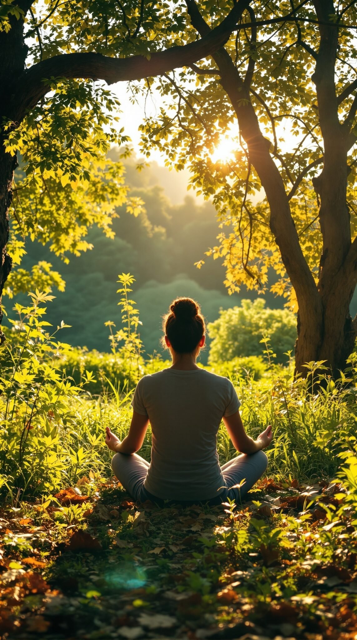 A person meditating in nature, surrounded by greenery and sunlight.