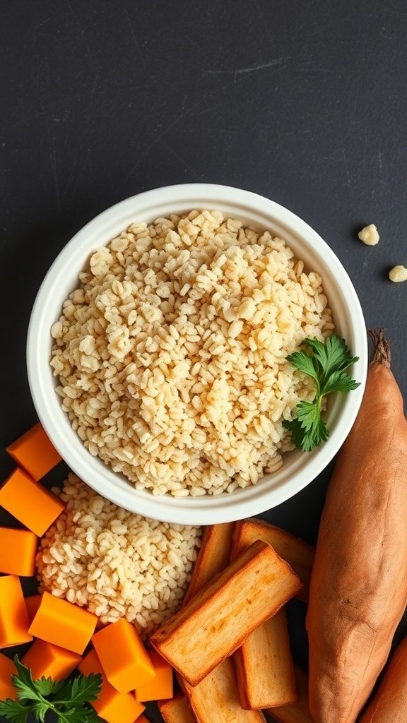 An assortment of healthy carbs including cooked grains, sweet potatoes, and squash.