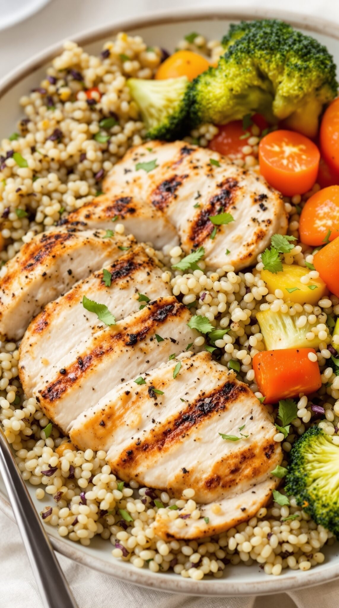 A healthy plate featuring grilled chicken, couscous, and colorful vegetables.