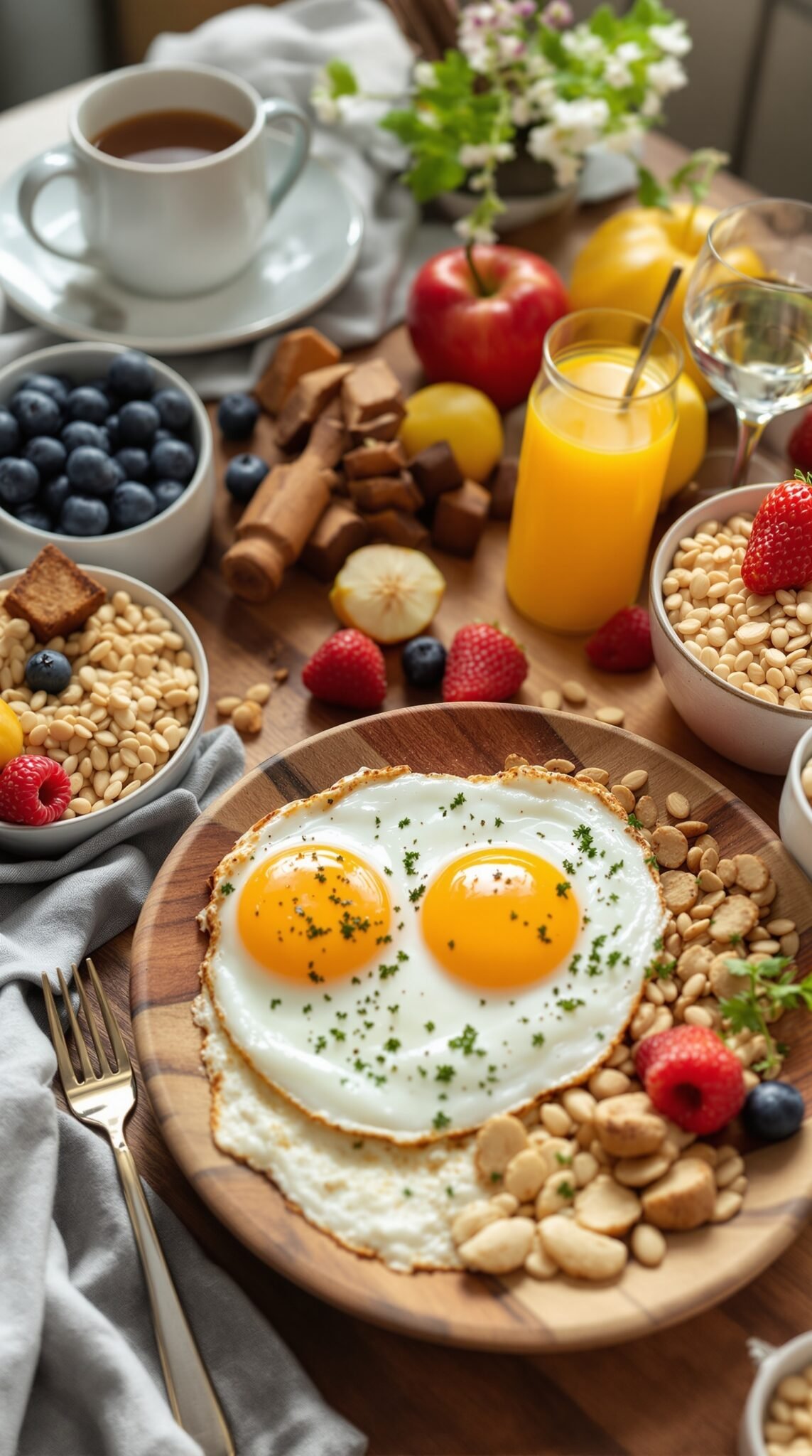 A nutritious breakfast featuring eggs, berries, nuts, and a glass of juice.