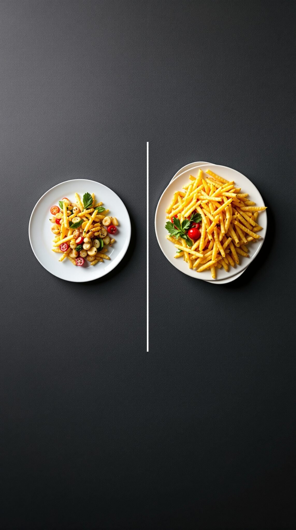 A comparison of a small plate with a light meal and a large plate filled with fries.