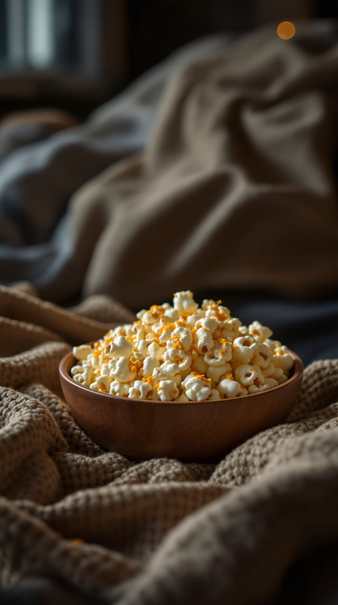 A bowl of popcorn topped with nutritional yeast on a cozy blanket.
