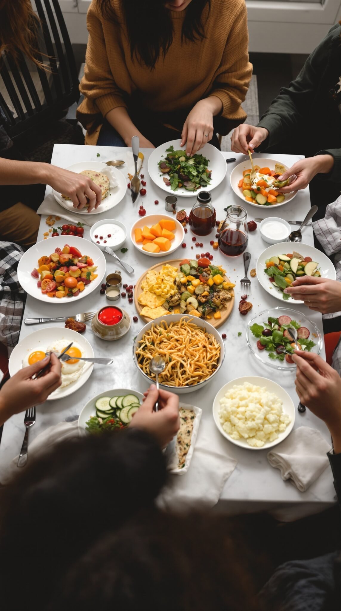 A group of people enjoying a colorful meal together, featuring a variety of healthy dishes.