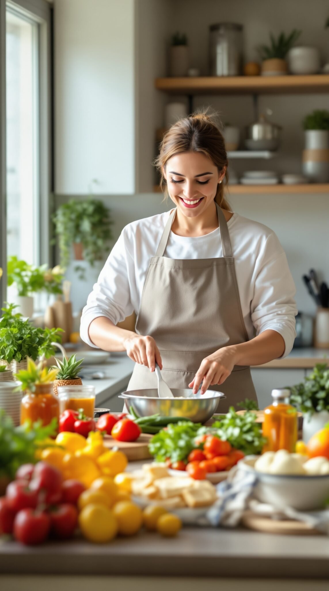 A woman happily cooking in a bright kitchen filled with fresh ingredients.