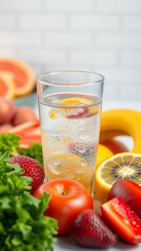 A refreshing glass of water with lemon slices surrounded by colorful fruits and vegetables.