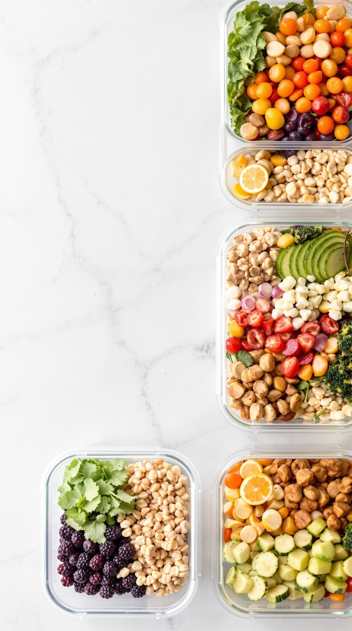 Containers filled with colorful prepped meals including vegetables, nuts, and fruit, ideal for meal planning.