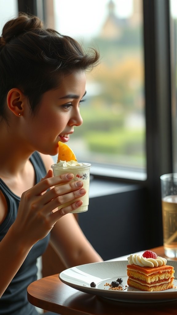 A young woman enjoying a dessert and a creamy treat in a cozy café setting.