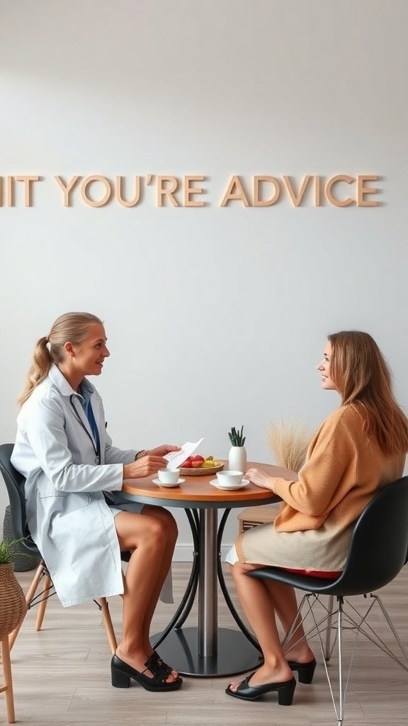 A healthcare professional consulting with a client about weight loss advice.