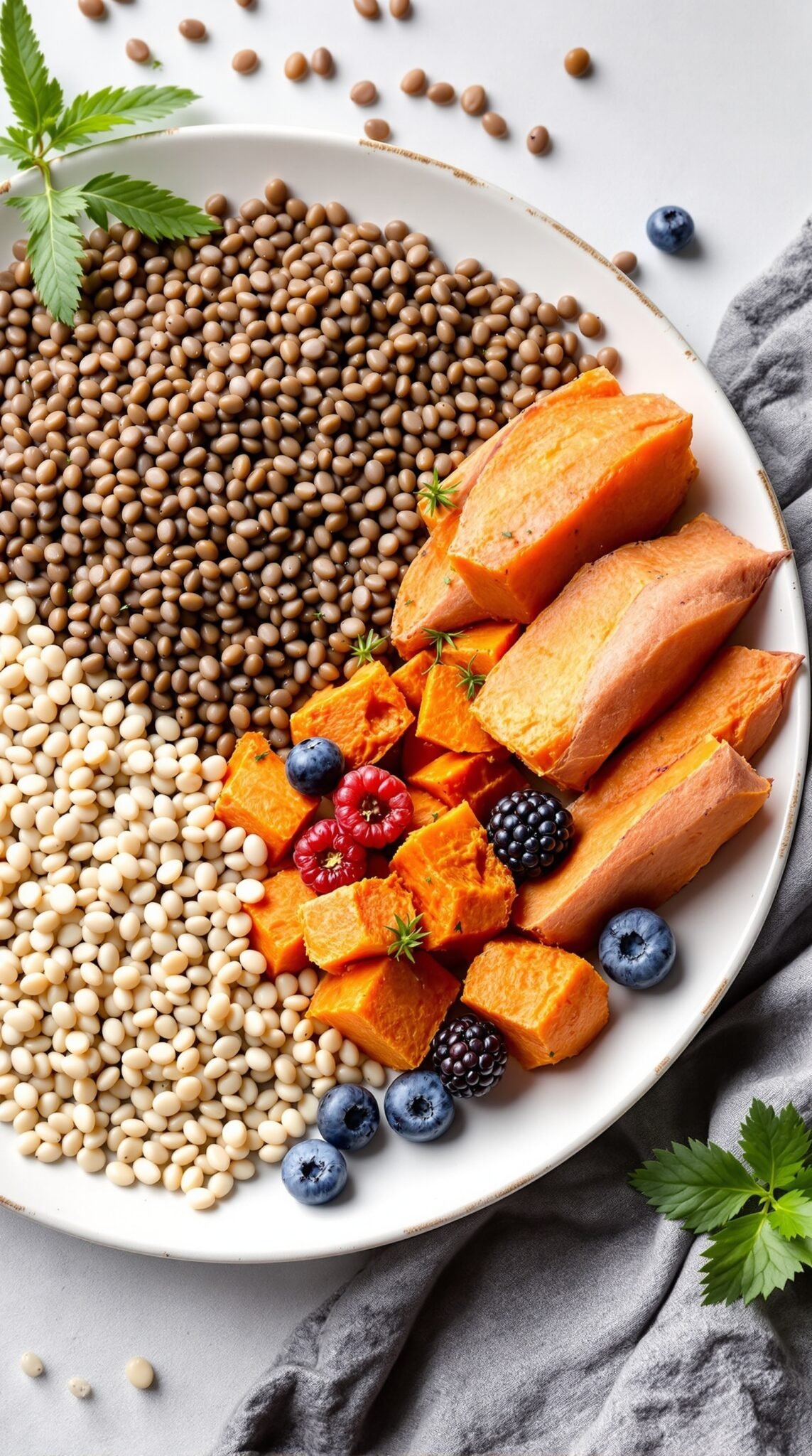 A plate featuring an assortment of low glycemic index foods including sweet potatoes, lentils, and fresh berries.