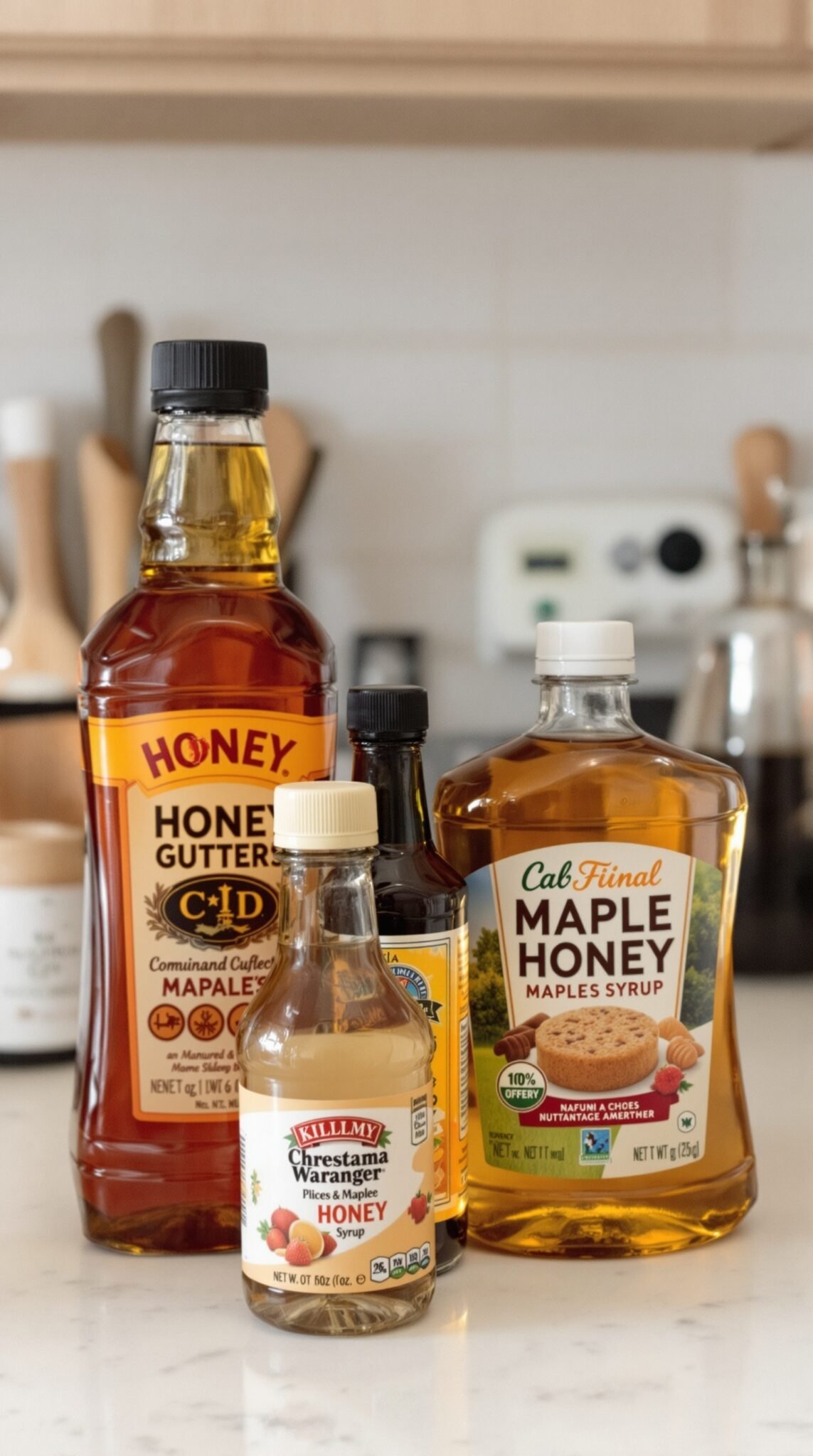 Jars of natural sweeteners including honey and maple syrup on a kitchen counter.
