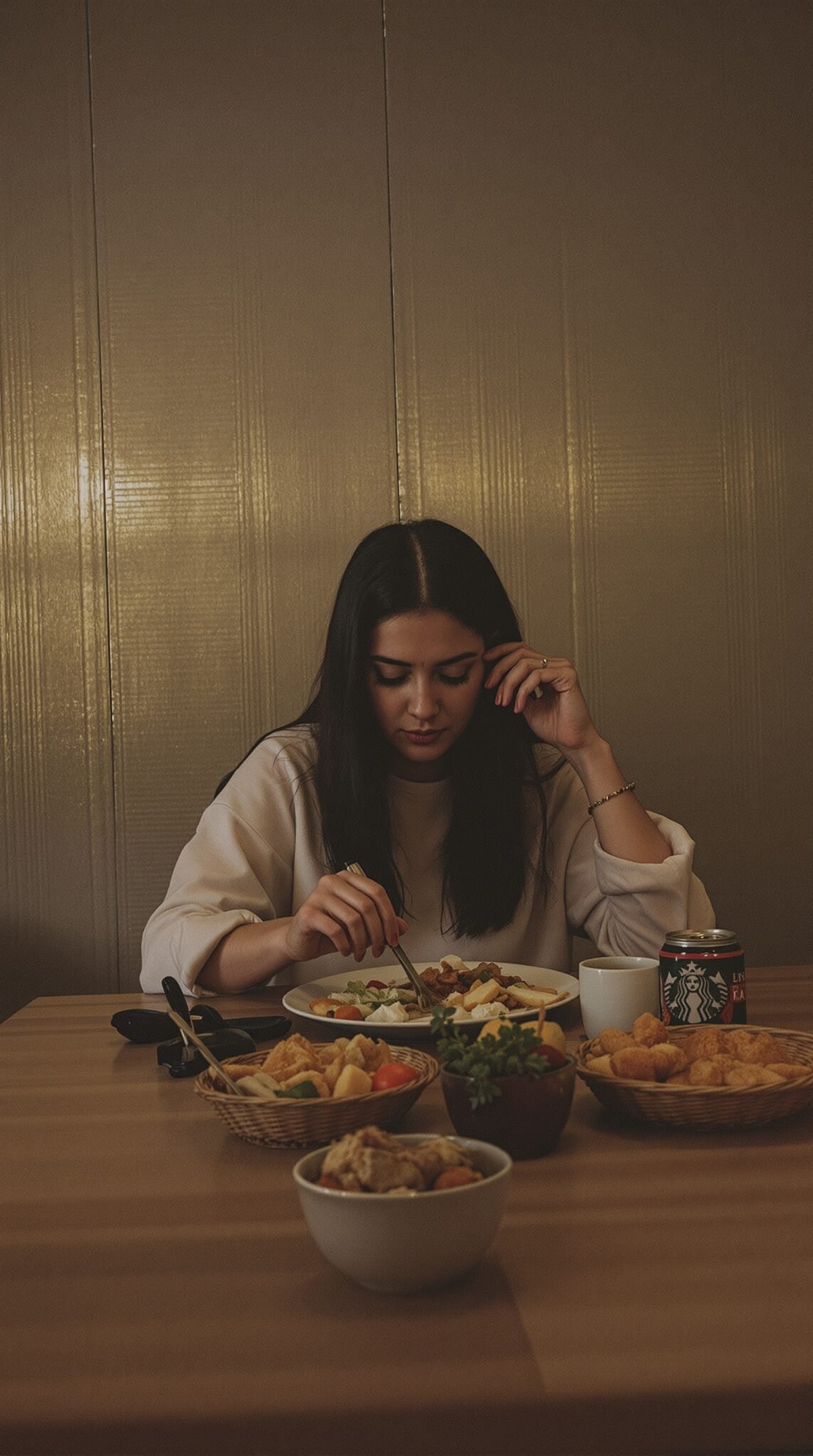 A woman practicing mindful eating while enjoying her meal at a table.