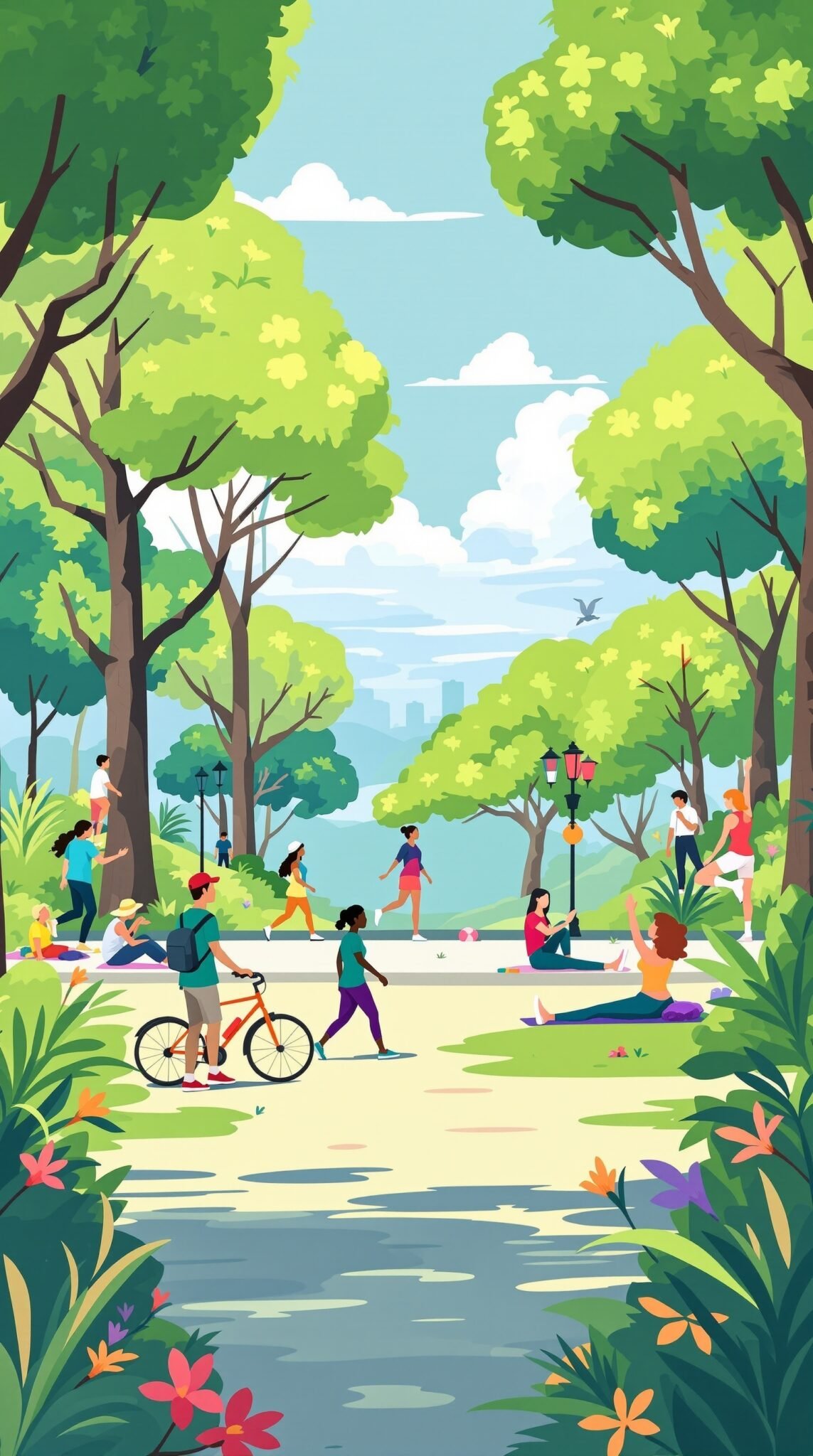 A lively park scene depicting a diverse group of people engaging in various physical activities like walking, cycling, and practicing yoga surrounded by trees and flowers.