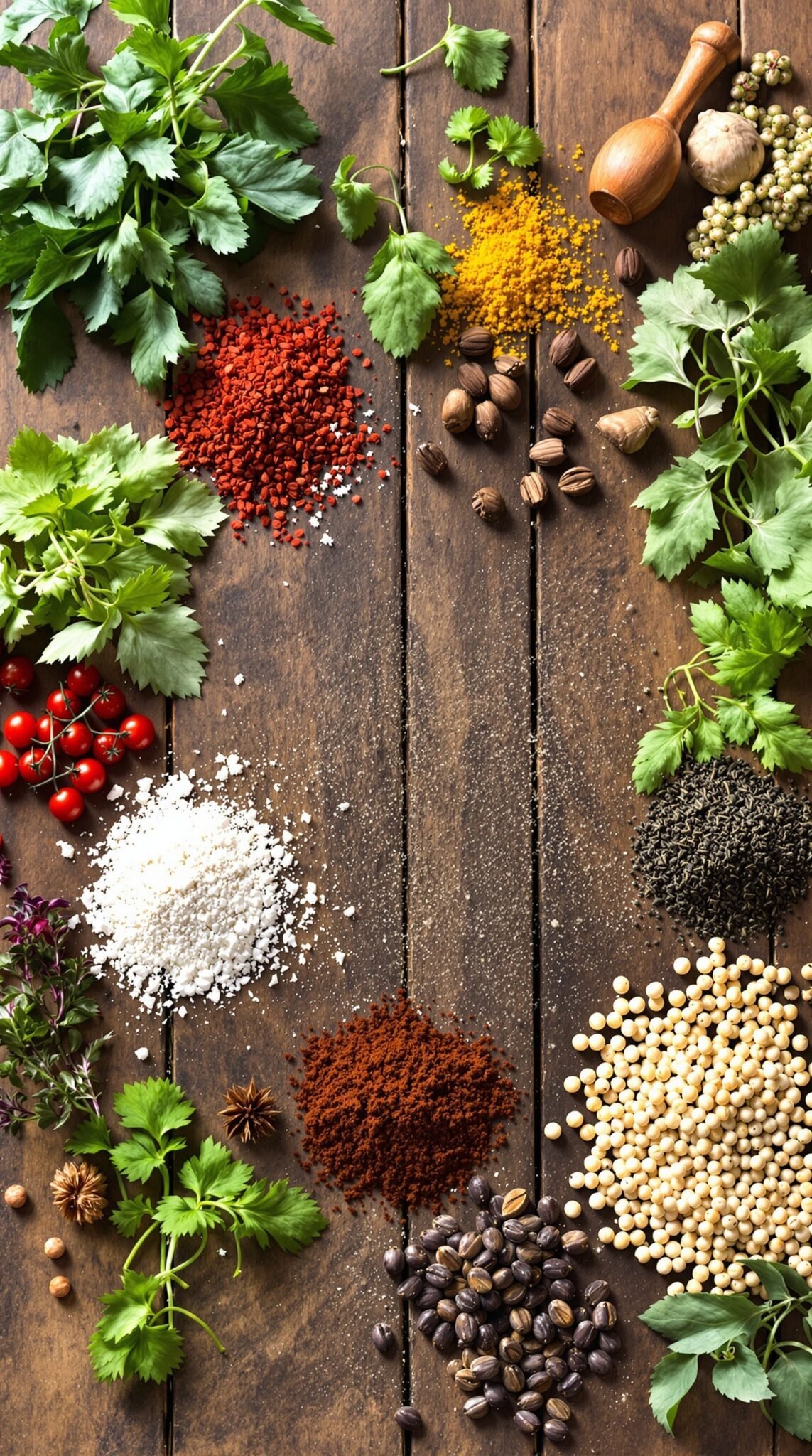 A colorful array of herbs and spices displayed on a wooden table.