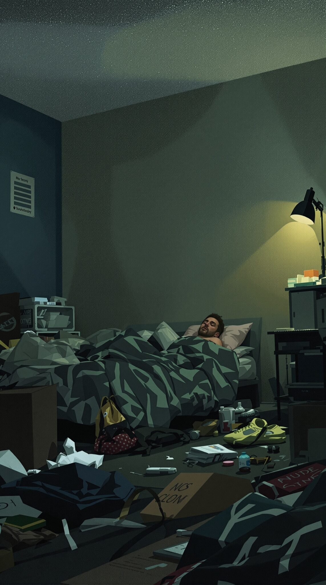 A messy bedroom with a person sleeping under a blanket, symbolizing neglected sleep hygiene.