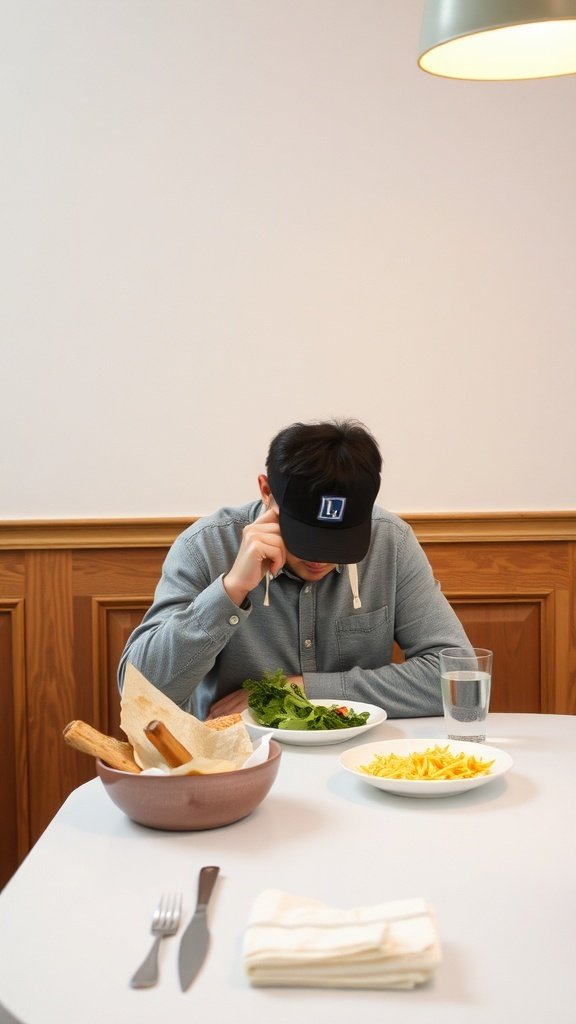 A person looking down at a salad on a dining table, suggesting quick eating habits.