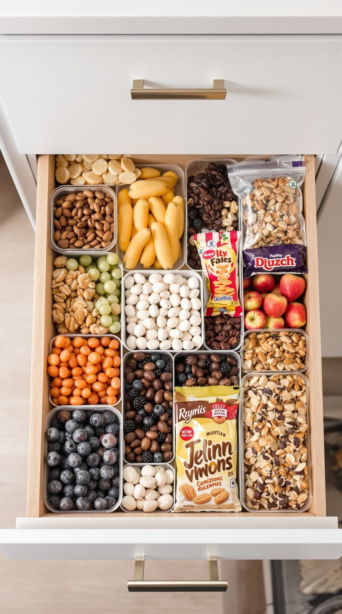 Organized drawer filled with assorted healthy snacks including fruits, nuts, and granola.