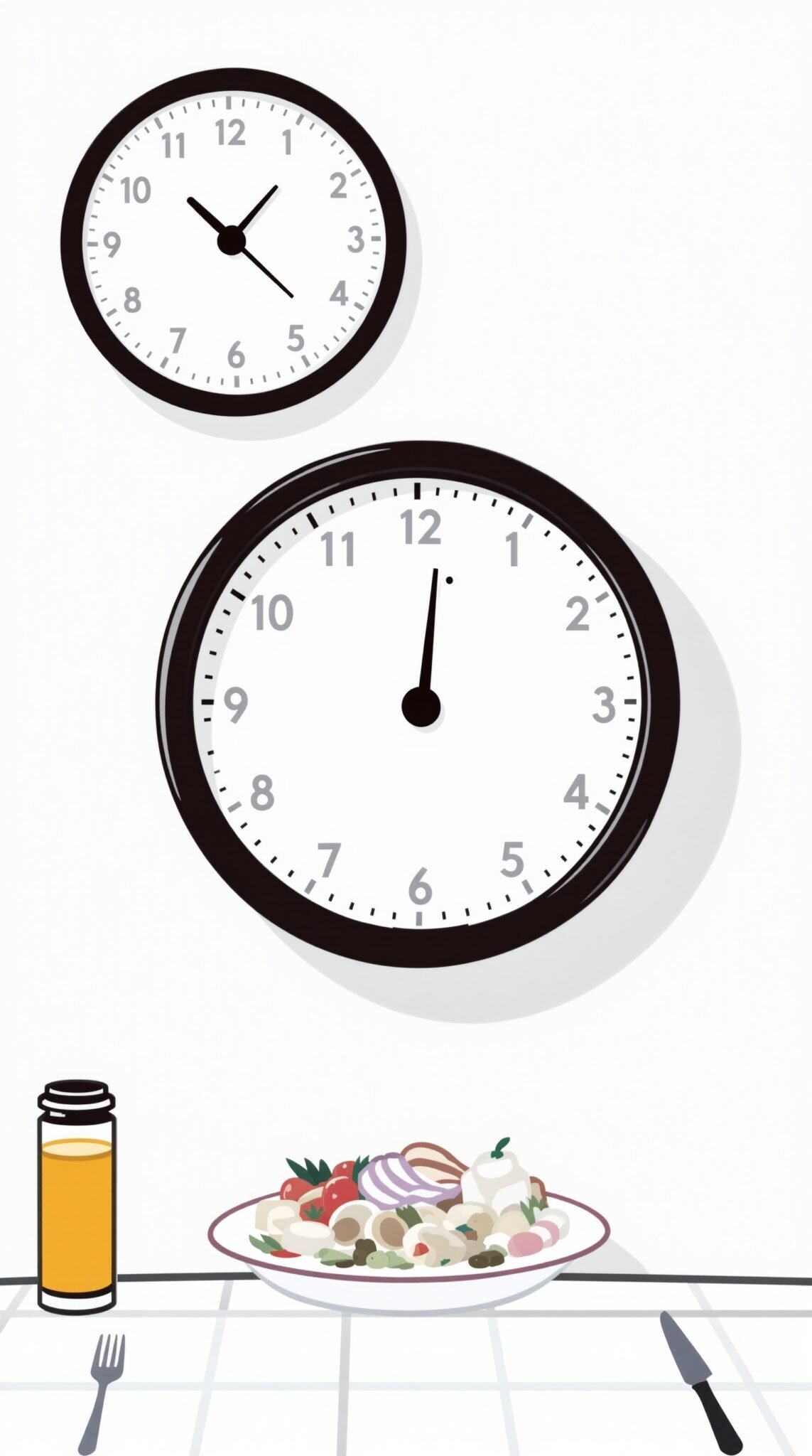 Illustration showing two clocks and a plate of food, representing meal timing.