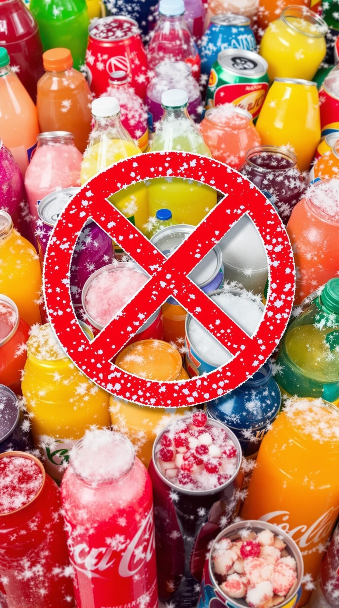 A variety of sugary drinks with a 'no' symbol overlay