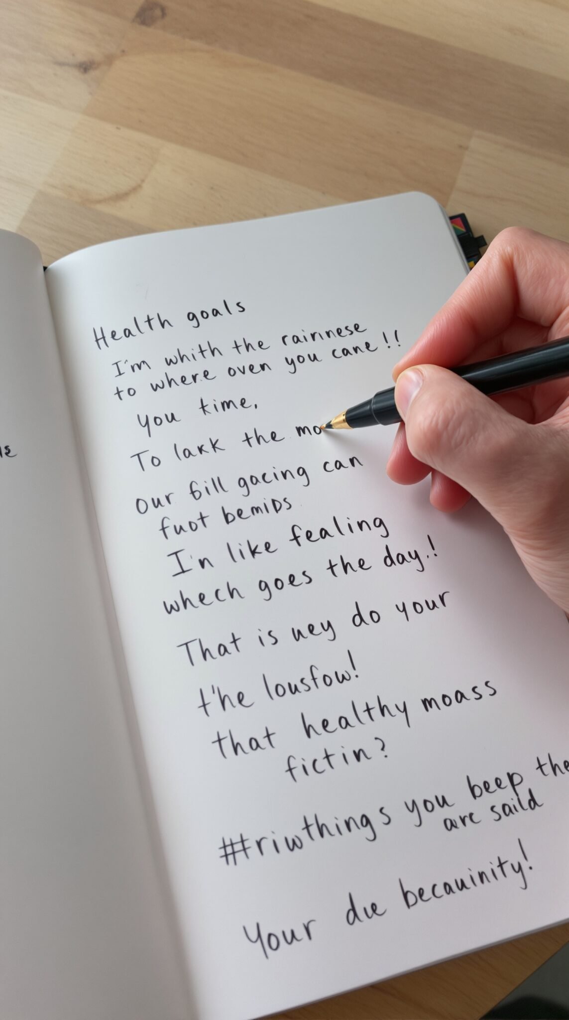 A hand writing in a notebook about health goals.