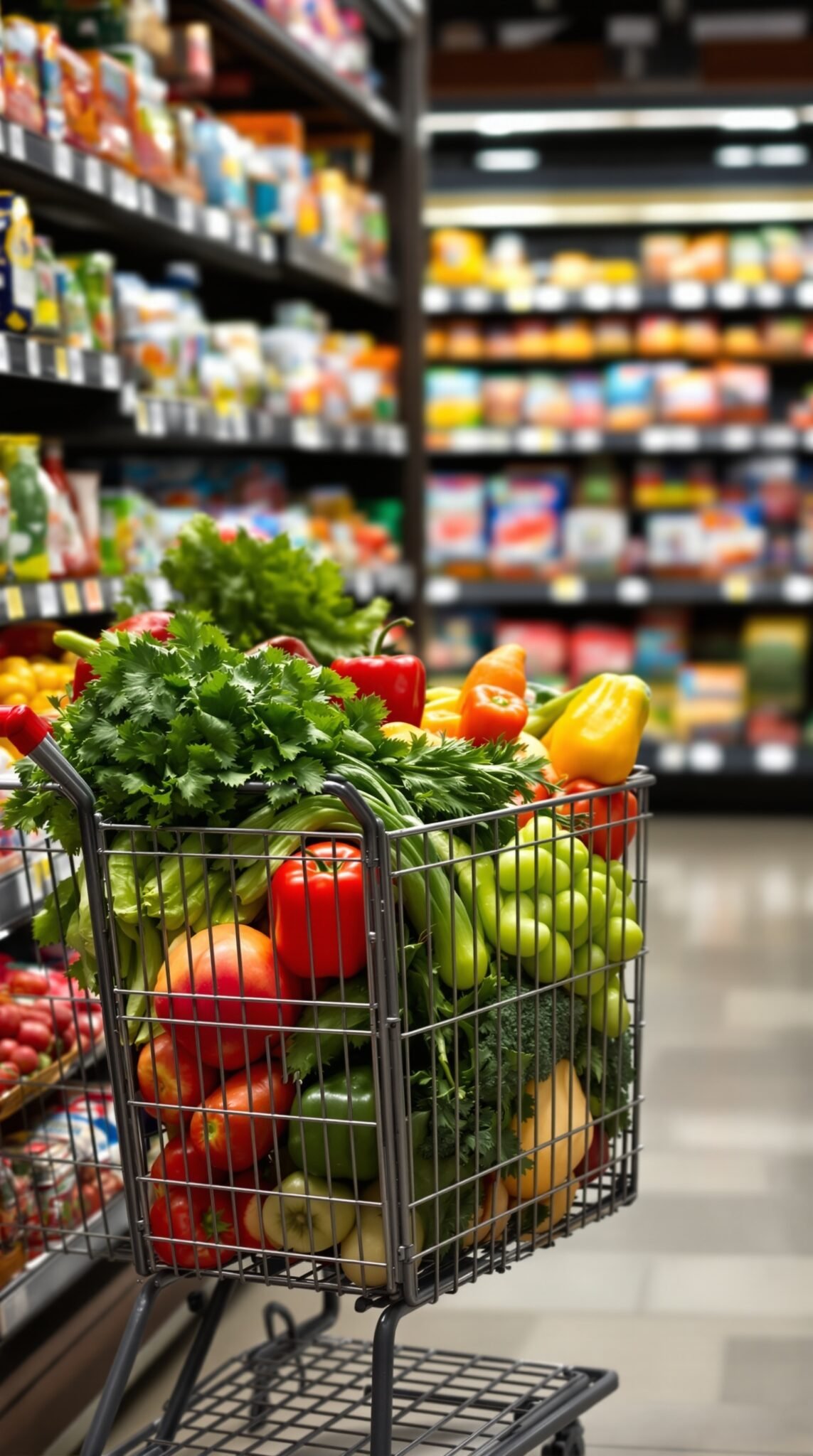 A shopping cart filled with fresh vegetables and fruits in a grocery store aisle.